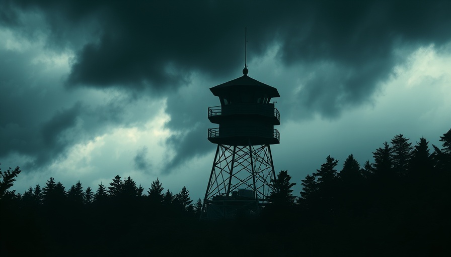 Mysterious ranger tower in the Smoky Mountains under a stormy sky.