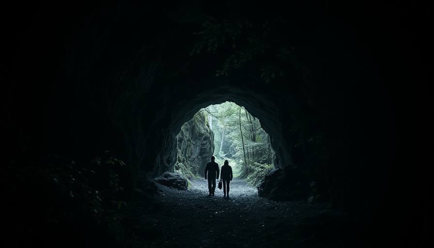 Abandoned mine entrance in dark forest, group exploring, throat of the mountain.