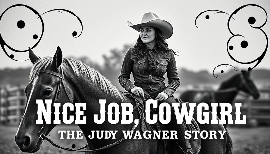 Cowgirl on horse with decorative patterns and text.