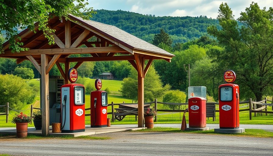 Charming gas station with vintage pumps in Southeastern Oklahoma travel.