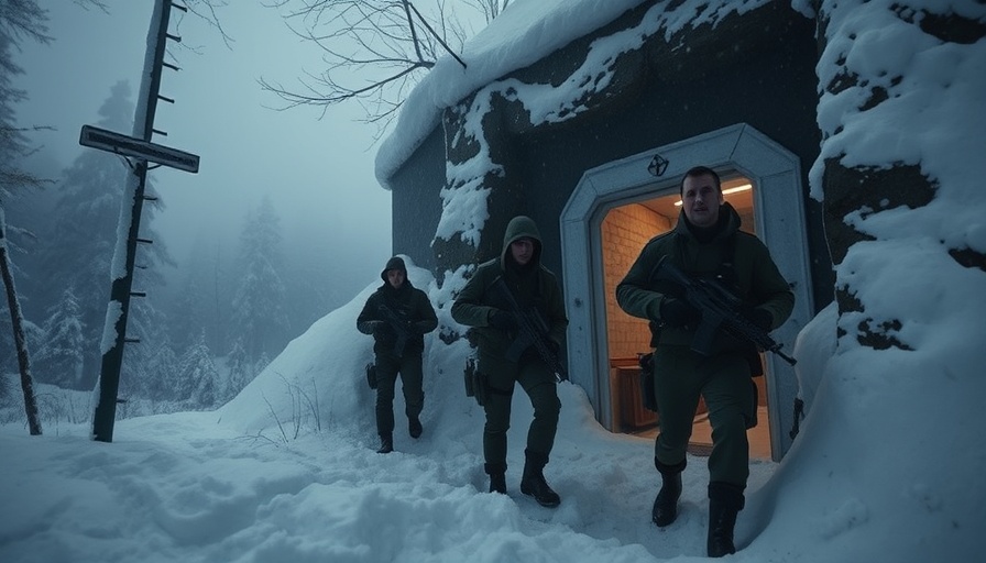 Mysterious entrance of secret bunker in Siberia with military personnel.