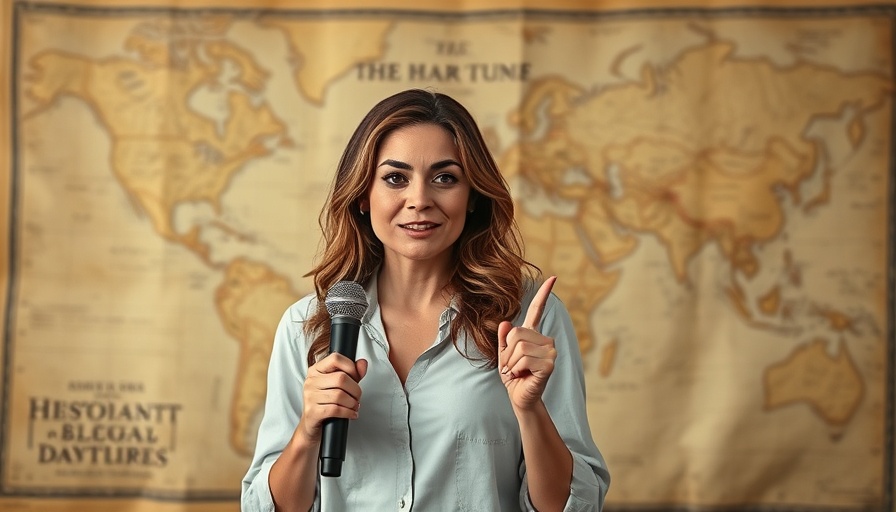 Confident woman presents historic map in Gulf of America lawsuit context.