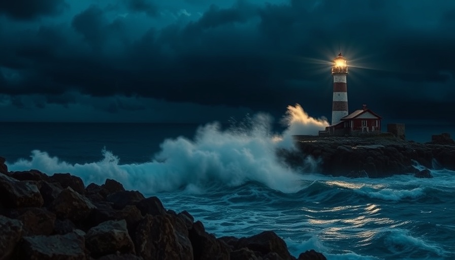 Lighthouse on a rocky coast with glowing ocean waves.