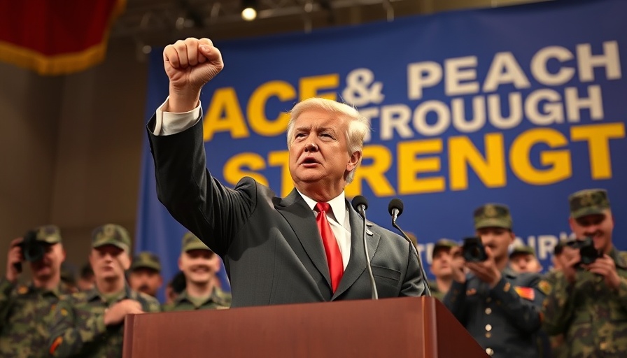 America-first policy for peace in Middle East depicted with a political figure and military personnel.