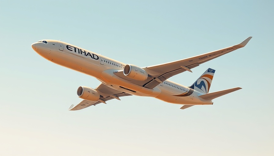 Etihad Airways airplane flying in a clear blue sky.