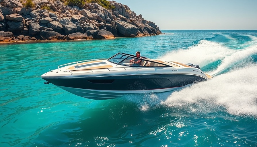 Motorboat cruising in Venice with rocky shoreline backdrop.