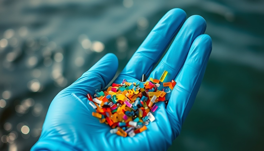 Close-up of microplastics in Texas hand-held over water.