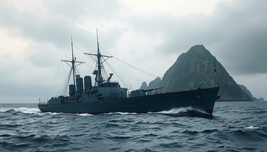 Naval ship near a hidden island signaling SOS, distress signal scene.