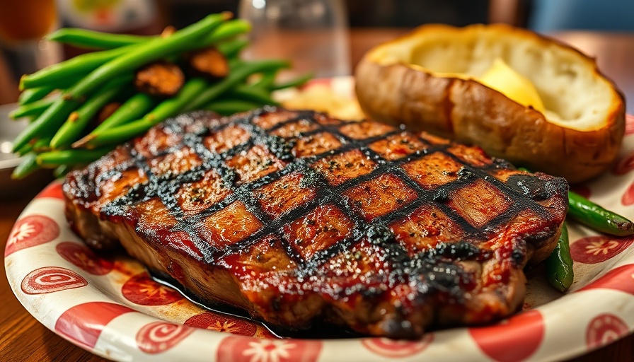 Budget grilling ideas: affordable meal with steak, green beans, baked potato.