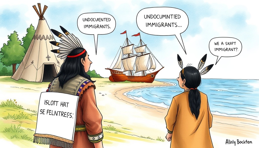 Humorous political cartoon satire on immigration with ship and Native Americans.
