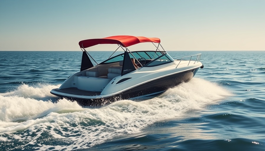 Speedboat navigating waves at Venice Florida jetty, clear sky.