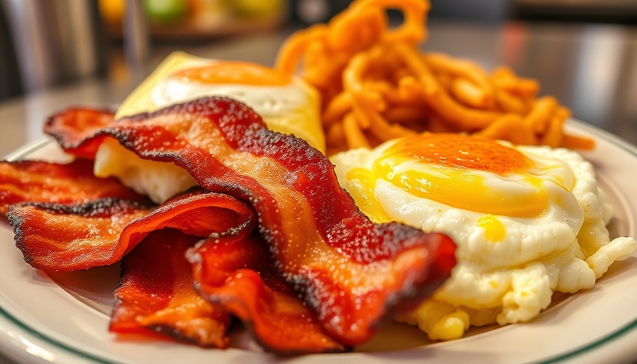 Plate with crispy bacon, scrambled eggs, and hash browns, bright setting.