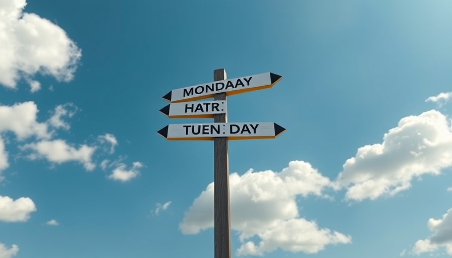 Directional sign with days of the week under a vibrant sky.