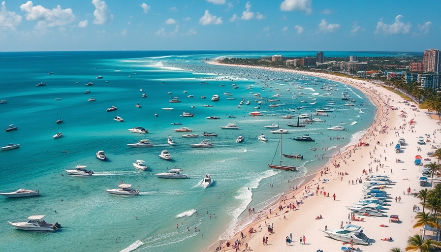Aerial view of Gulf Coast beach with boats and people enjoying the shoreline.