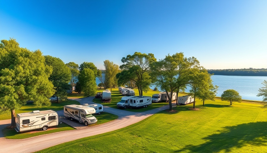 Scenic RV destination with parked RVs under trees near a lake.