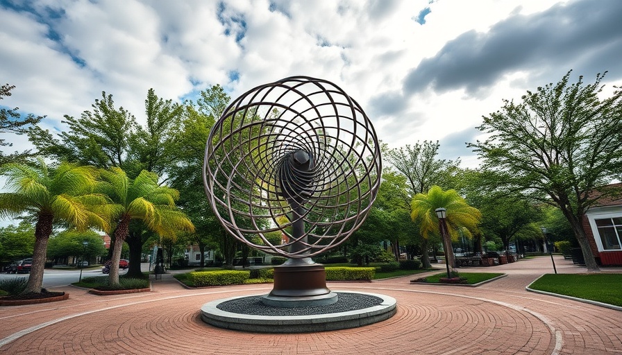 Foley wind sculpture in park with cloudy sky.