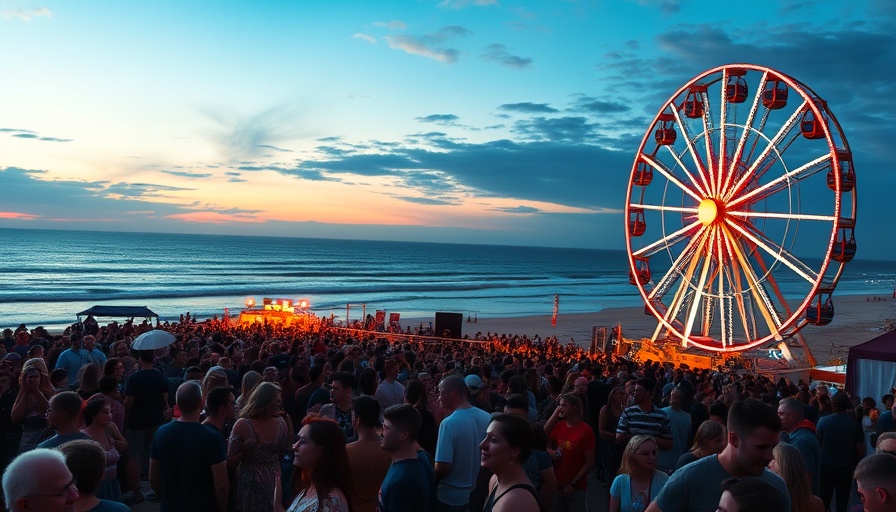 Sand In My Boots festival at sunset, vibrant beachside view.