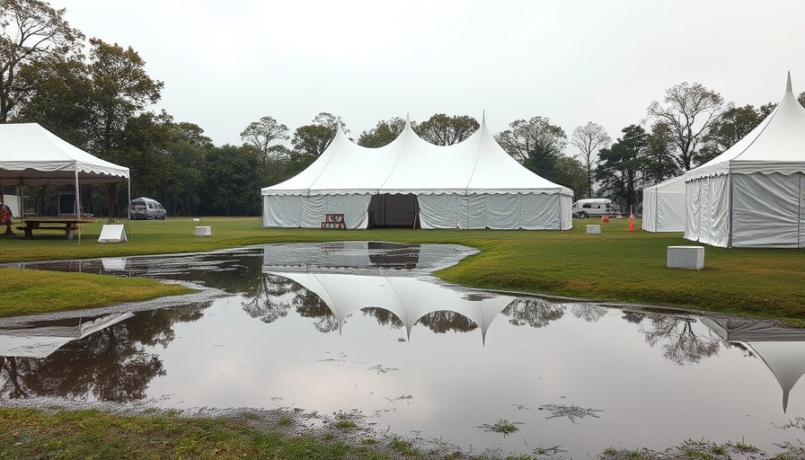 Art in the Park Festival setup with tents and rain puddles.