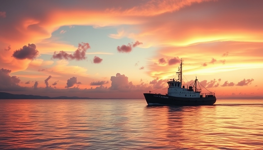 Dreamy coastal scene at sunset with a tugboat.