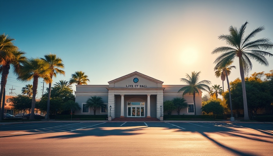 City hall and palm trees in morning sun, Orange Beach setting.