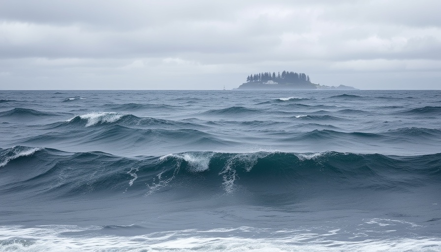 Overcast ocean scene with waves and distant island
