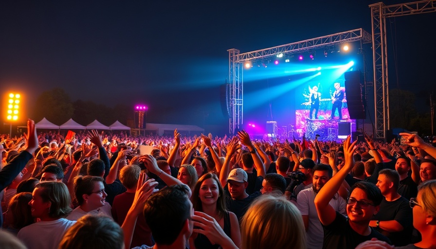 Excited crowd at Gulf Coast summer concert season, night scene.