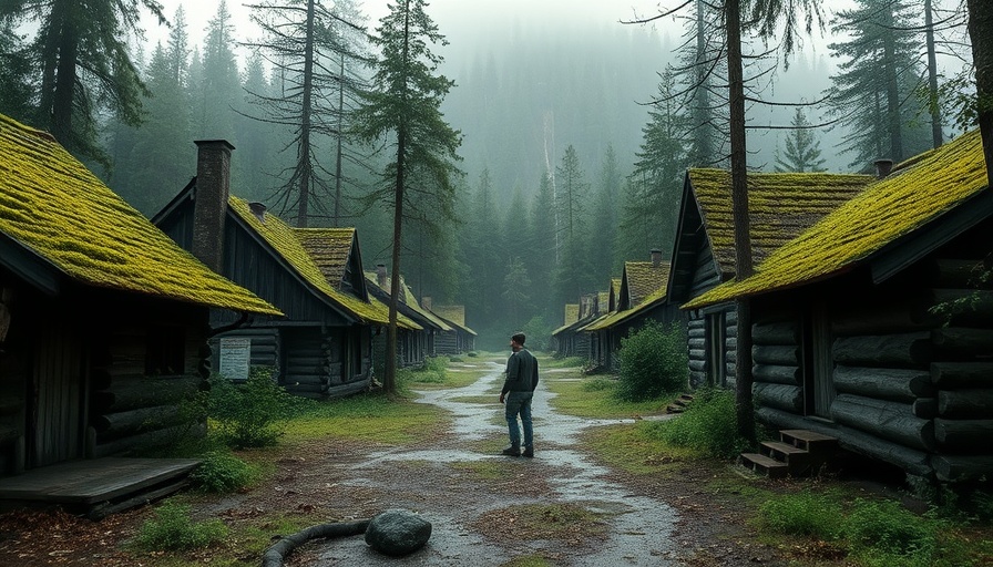 Abandoned gold miners' village in Alaska with a lone figure walking.