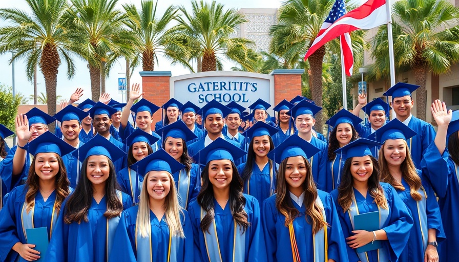Orange Beach graduation record group photo with graduates in blue gowns.