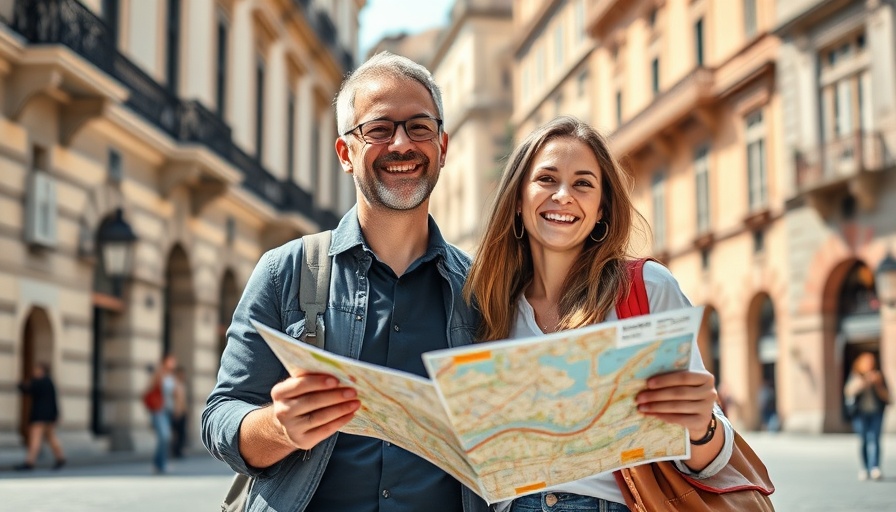 Happy couple exploring a city with map during GCC getaways for Eid Al-Adha.