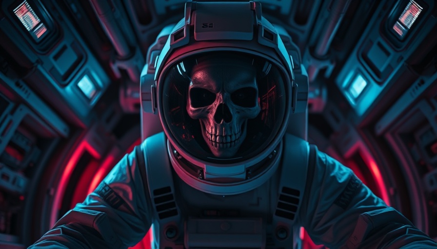 Eerie astronaut with skull reflection in space horror setting.