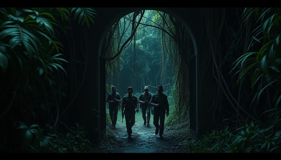 Aztec sunken city secrets: soldiers entering overgrown entrance.