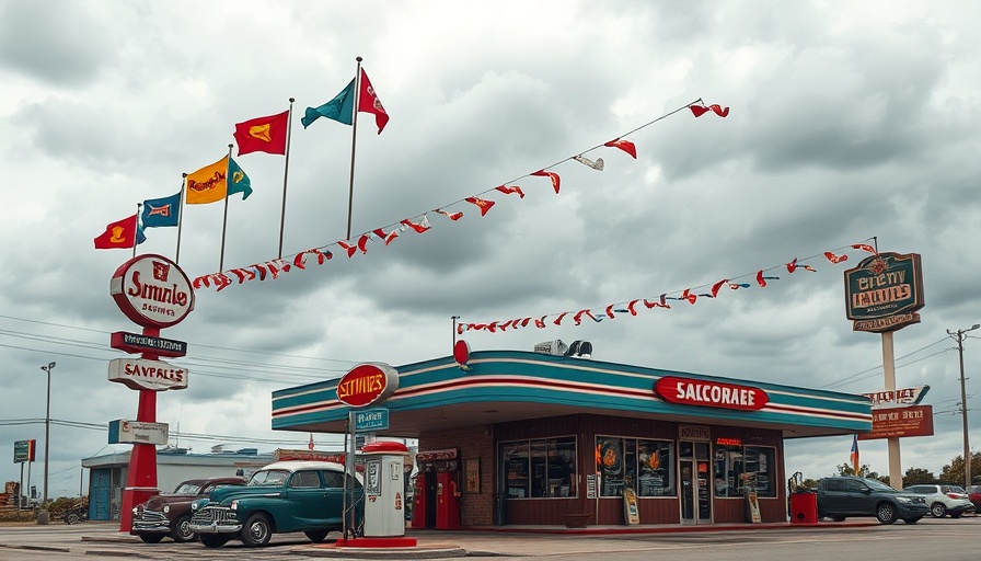 Old school gas station with vintage signs and colorful flags.