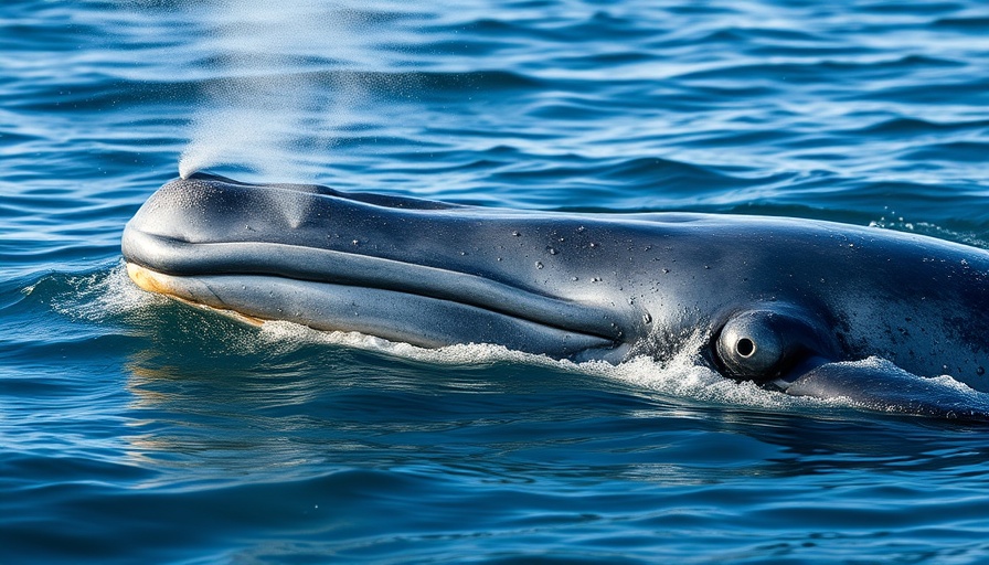 Rice's whale exhaling at ocean surface, highlighting threats faced by this endangered species.