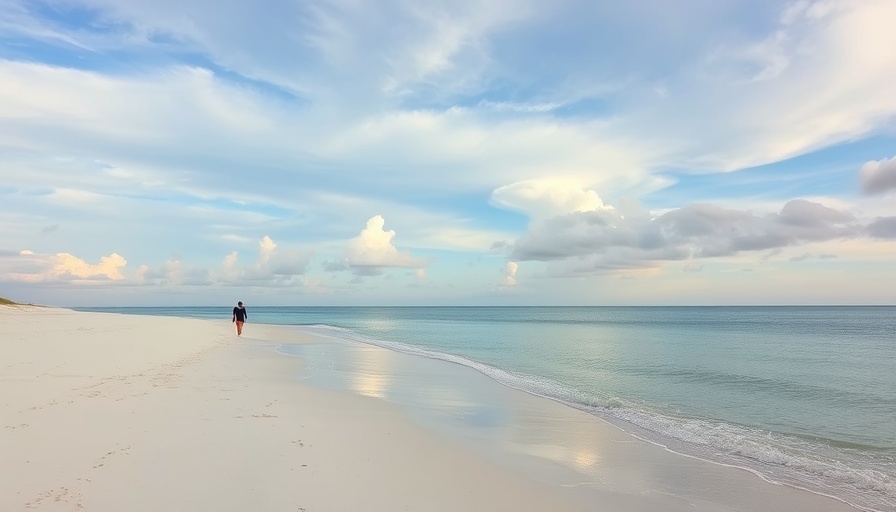 Serene view of Florida Gulf Coast beach with person walking.