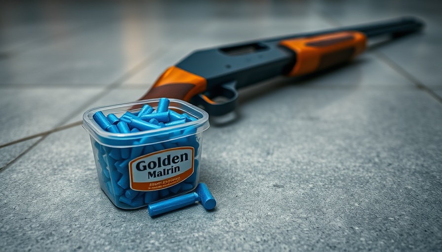 Shotgun and Golden Malrin container on a gray tiled floor.