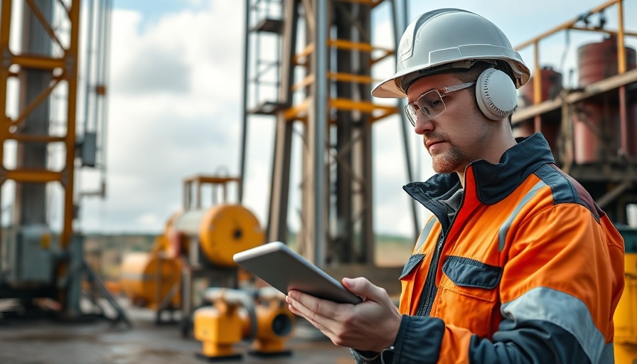 Technician using tablet in Gulf of America oil operations site.