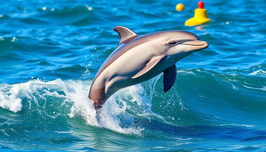 Bottlenose dolphin leaping from ocean waves near a navigation marker.
