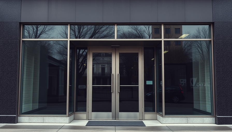 Entrance of a local business with glass doors reflecting the impact of crime on local businesses.