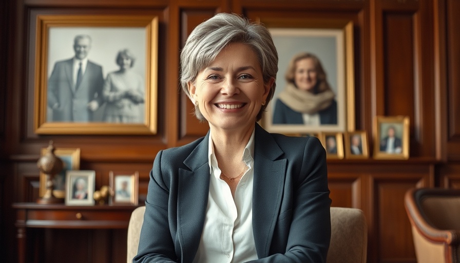 Gulf Shores Mayor candidate in elegant office setting, smiling confidently.