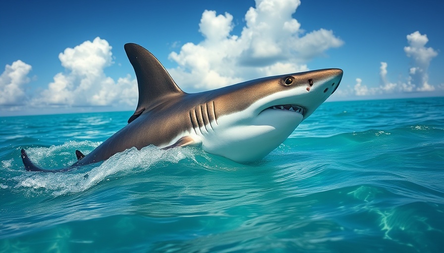 Shark fin in turquoise waters, linked to Florida shark folklore.