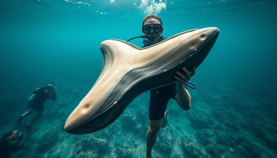 Diver discovering large megalodon tooth underwater.