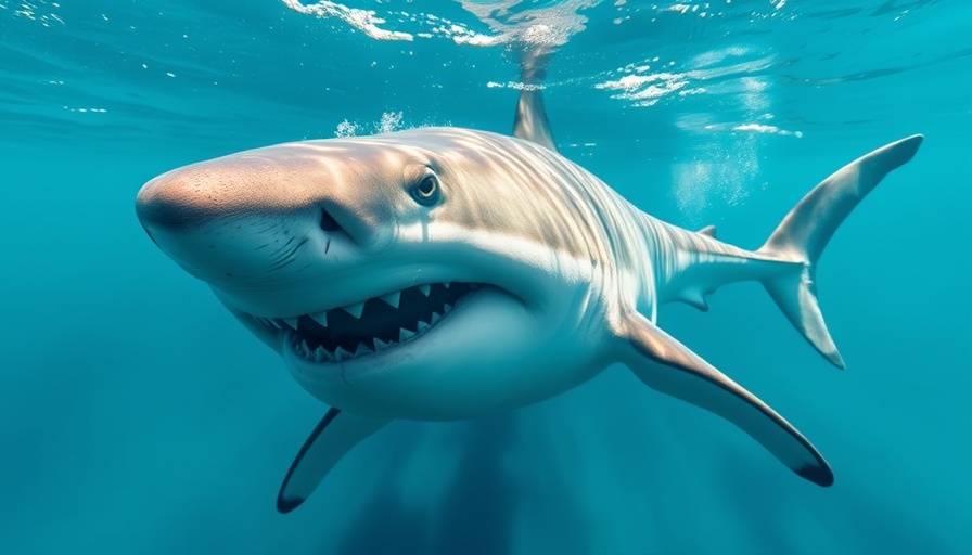 Great white shark tracking in open ocean, swimming forward.