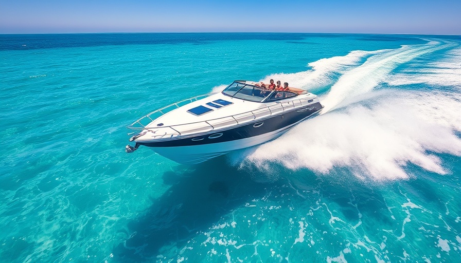 Speeding boat in Gulf of America with turquoise waters and dynamic wave splashes.