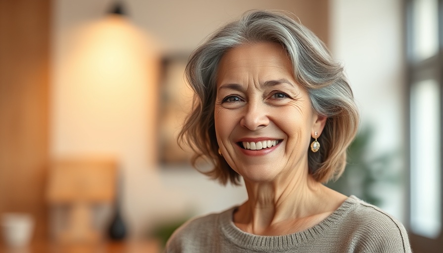 Friendly woman smiling softly indoors under warm lighting.