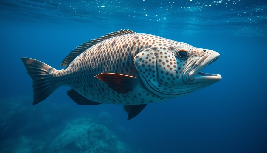 Large grouper swimming in blue ocean, environmental justice imagery.