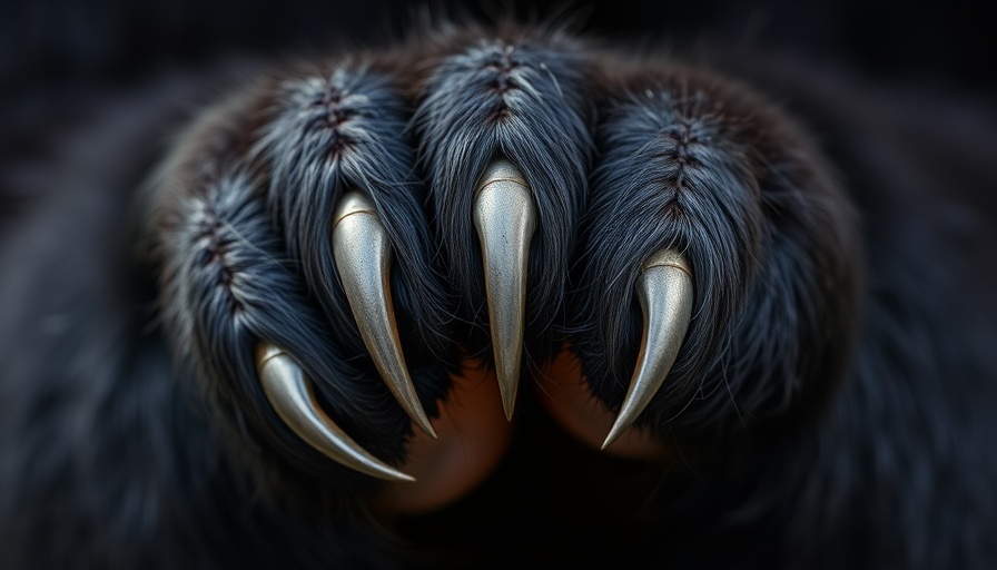 Close-up of a black bear's paw with sharp claws.