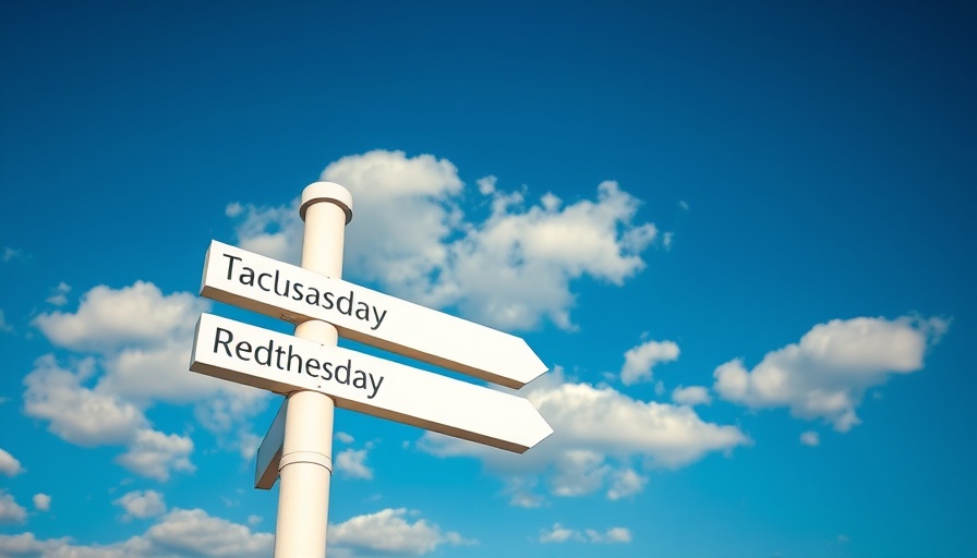 Directional sign showing days of the week under a blue sky, Gulf Coast community events.