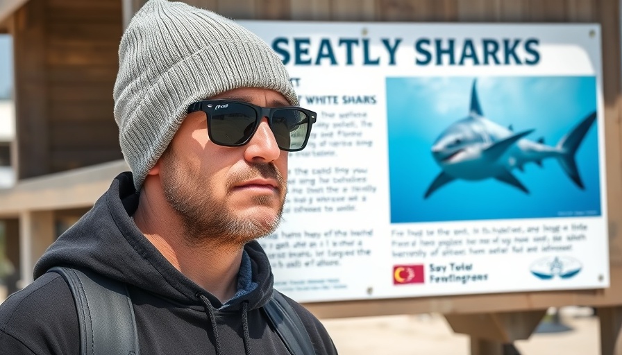Man standing by great white shark awareness sign on beach.