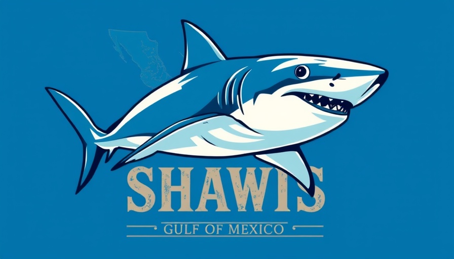 Great white shark in Gulf Great White Sharks logo, Jaws 50th Anniversary Shark Conservation