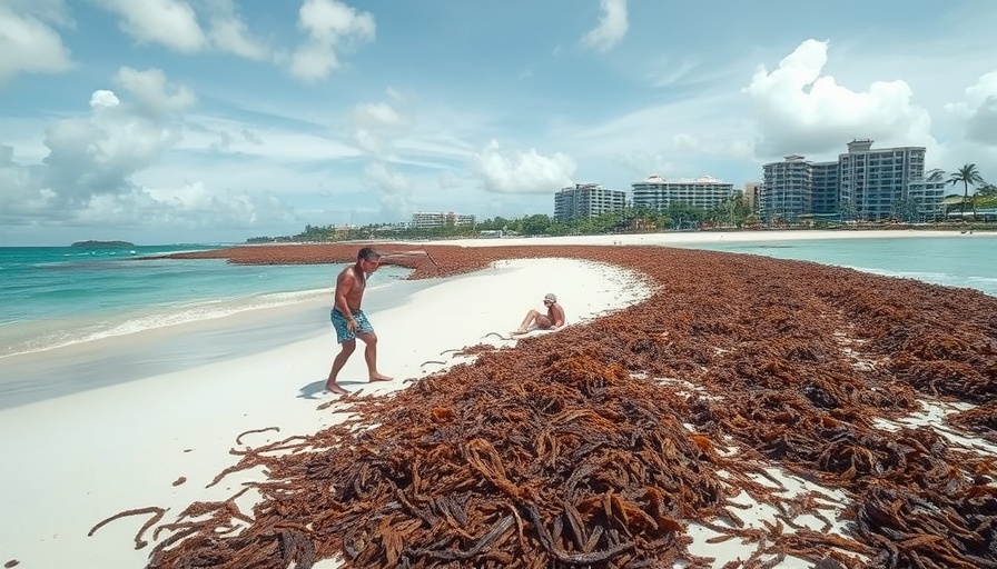 Sargassum invasion threat on tropical beach with cleanup and rest
